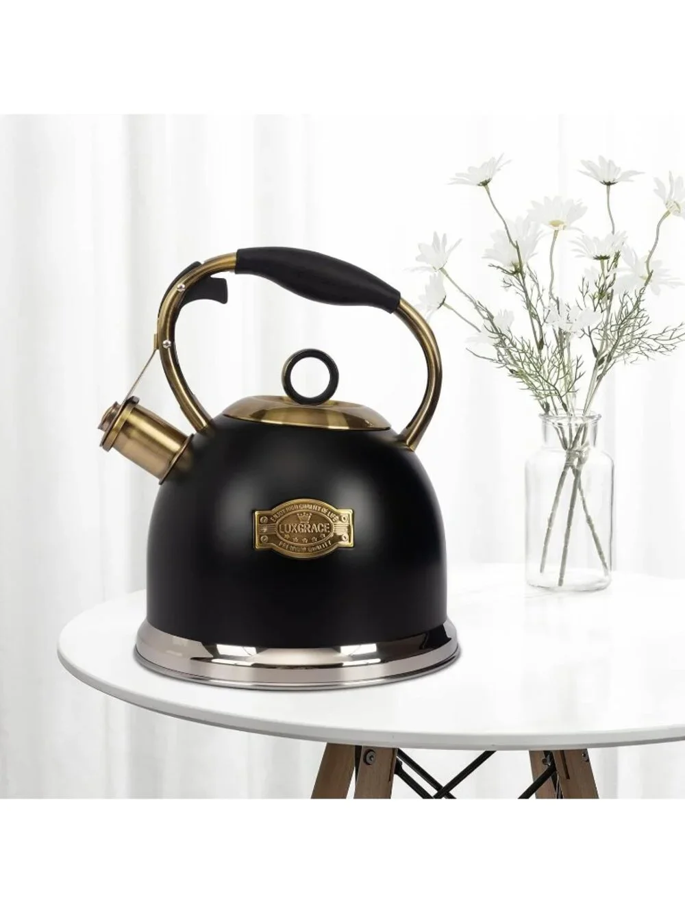 Black Kitchen Whistling Tea Kettle 3.0 Quart Stainless Steel Stovetop Tea Pot
